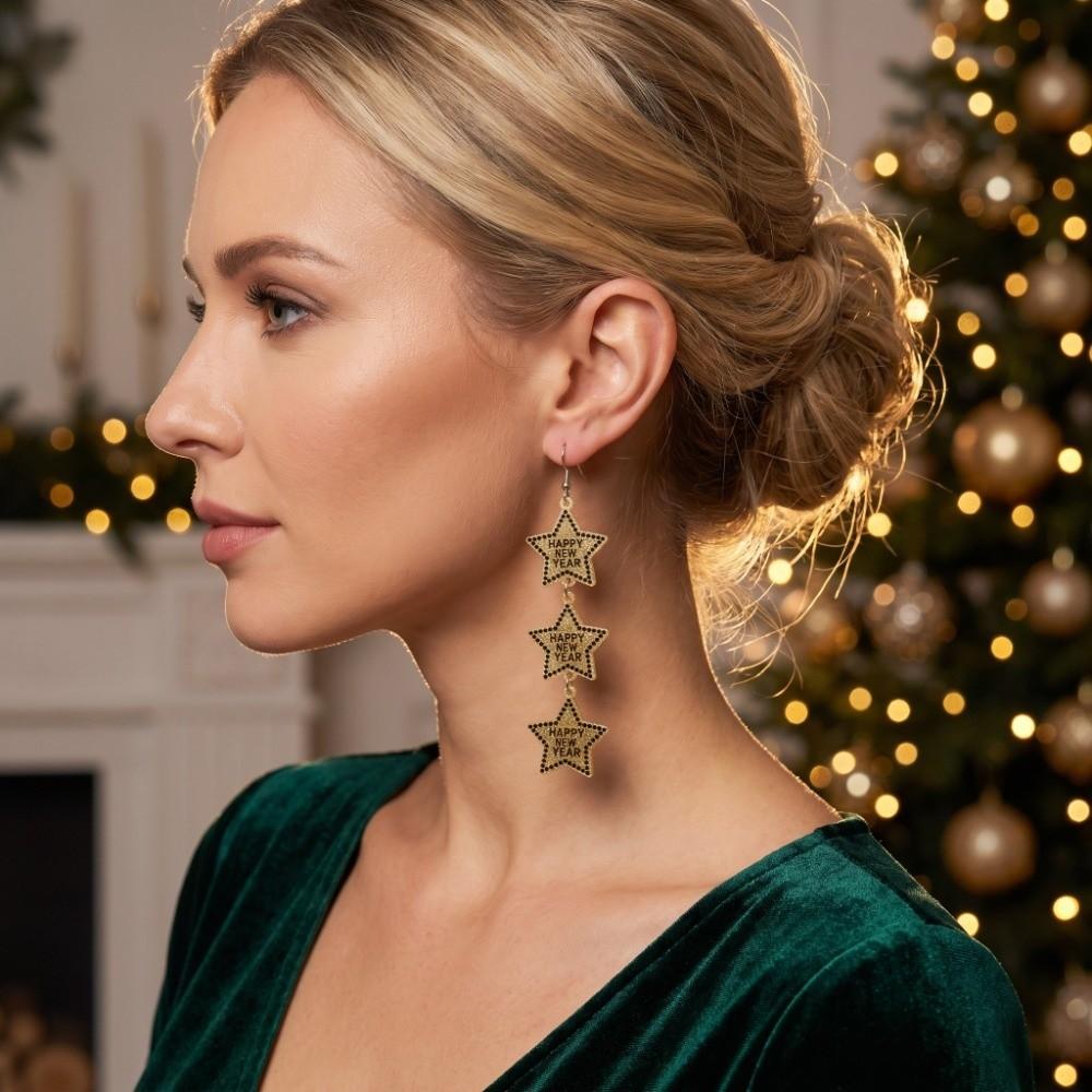 Elegant Happy New Year Earrings Acrylic Glitter Long Drop Earrings Xmas Stud Earrings Travel