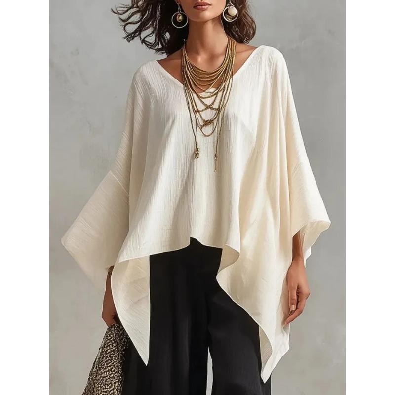 Women Loose V Neck Batwing Sleeve Casual Vacation Top