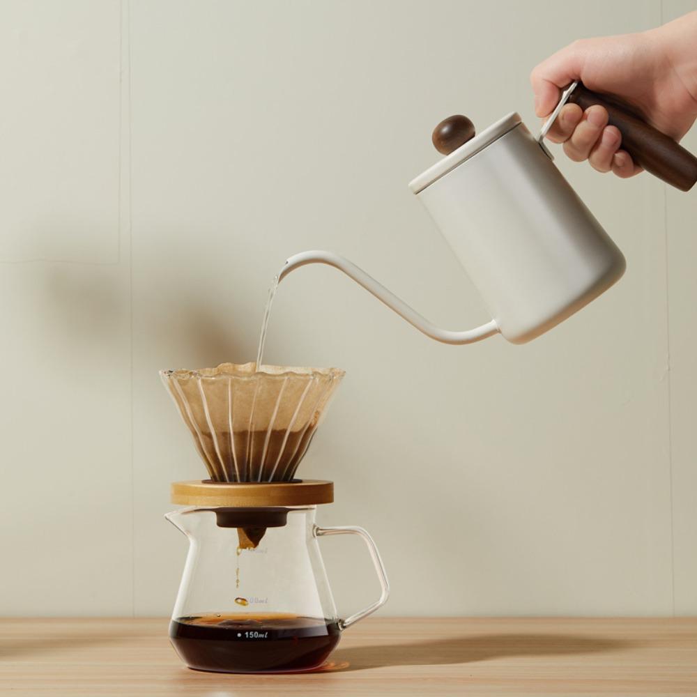 Bollitore per Caffè Preparato a Mano in Acciaio Inossidabile 304 Manico in Legno Massiccio Beccuccio Lungo a Collo d'Oca Bocca Sottile con Scala