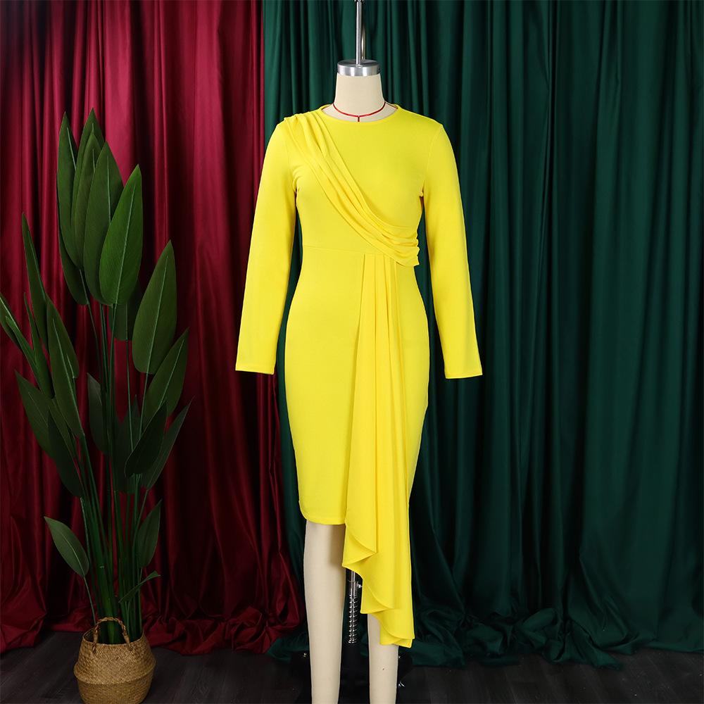 Large Size Women Spring Autumn Fashion Round Collar Long Sleeves Pencil Dress Ladies Elegant One Piece Solid Sheath Dress