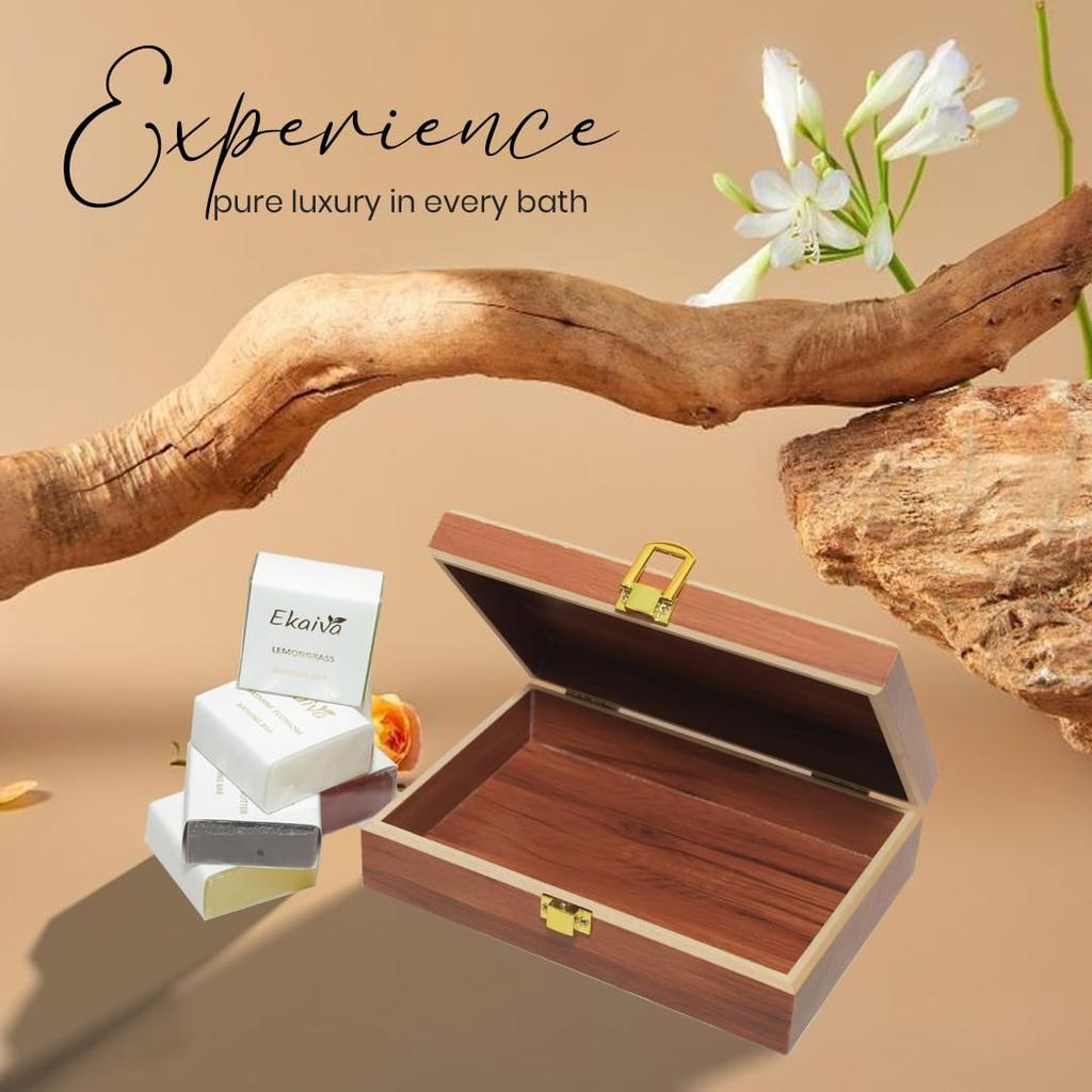 Luxury Bathing Bars Gift Set of 6 | Premium Handmade Soaps | Reddish Brown Wooden Box | Natural Moisturizing | 6 X 50 Gm)