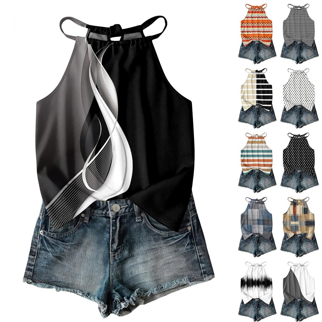 Women Geometric Print Bohemian Style Sleeveless Neck Tank Top Loose Fit Summer Blouse for Outdoor and Daily Wear