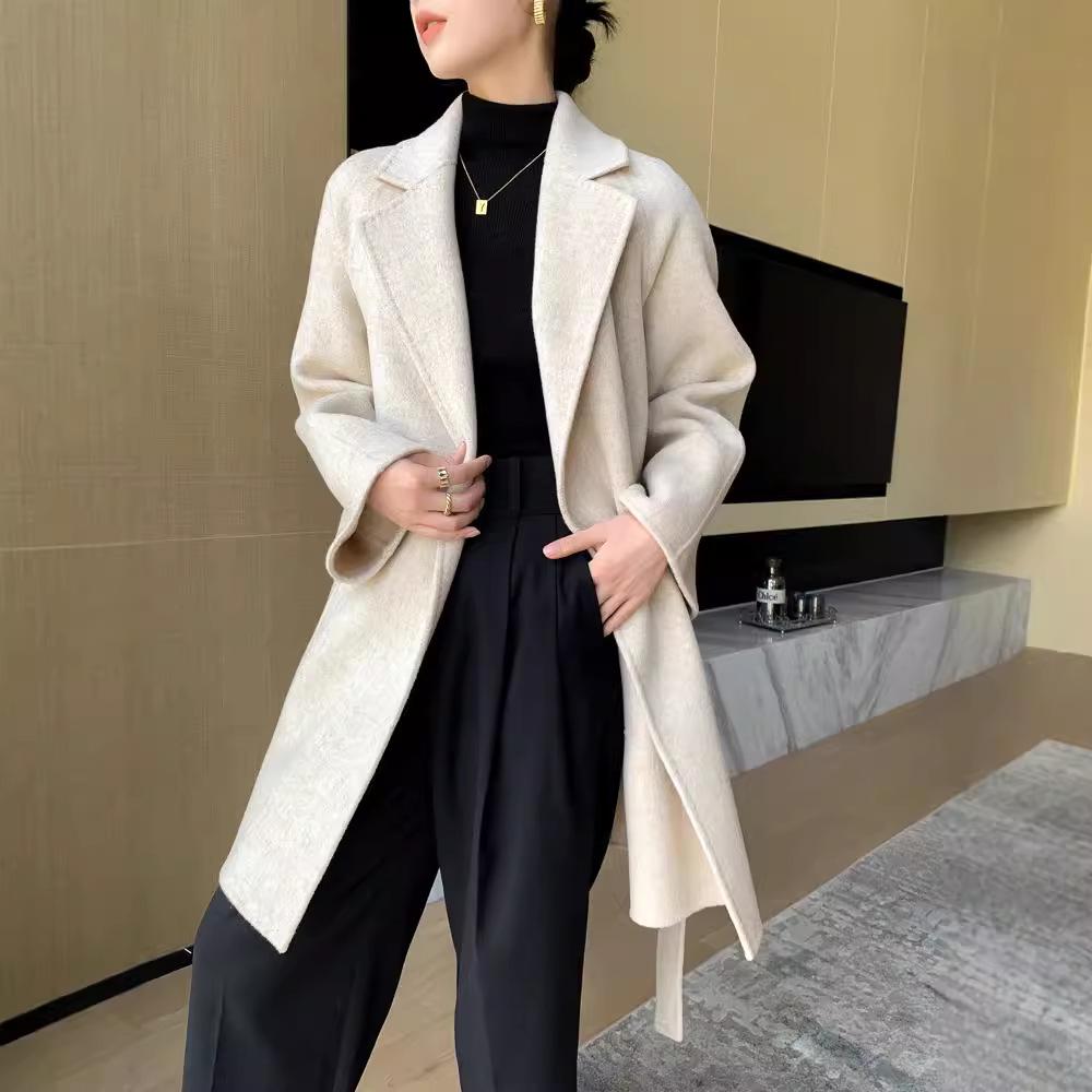 Women's High-End Double-Faced Wool Coat - New Autumn/Winter Style, Loose Mid-Length, Tie-Waist, 100% Wool Fashion Coat.