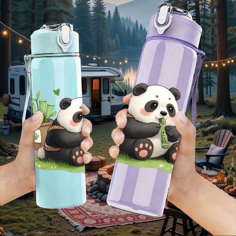 1PC Garden Panda Cartoon 750ml Color Plastic Sports Water Bottle Leakproof Flip Straw Lid Suitable for Sports Office Home Use