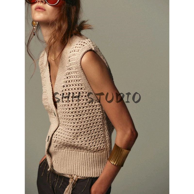Autumn New Women's Clothing French Laziness Hole Sweater Cardigan V Neck Sleeveless Knitting Vest 6771125