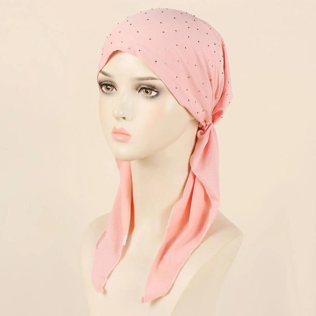 New Shimmer Pre-Tied Hat Women Muslim Hijab Turban Long Tail Headscarf Beanies Bonnet Hair Loss Chemo Cap Head Wrap Bandanas