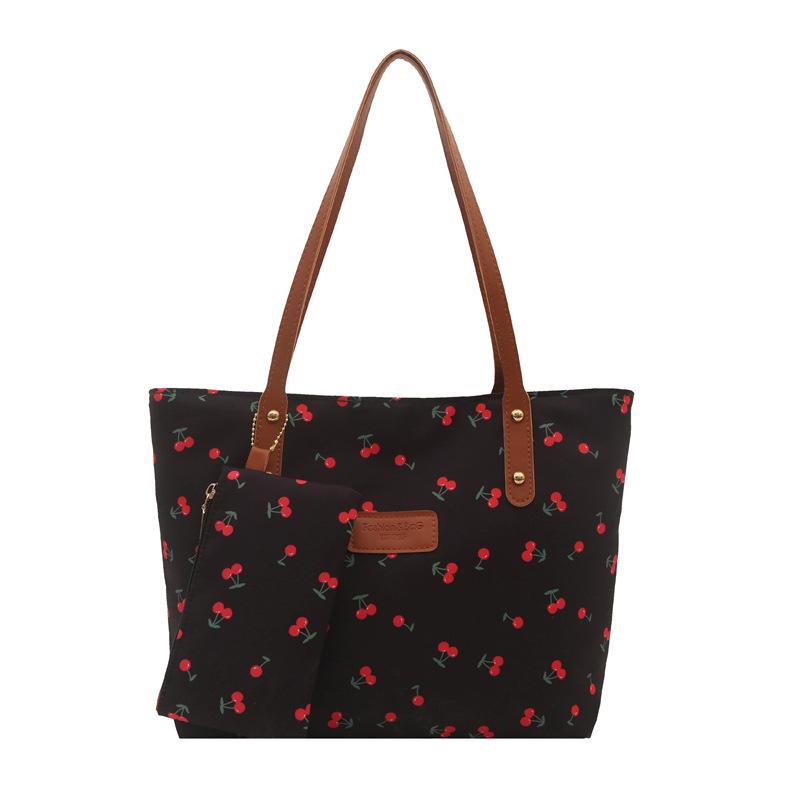 Cherry Print Tote Bag, Large Capacity Shoulder Bag, Matching Small Pouch, Pu Leather Handle, Casual Daily Work Shopping Handbag For Women