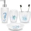 Vesici 4 Pcs Beach Bathroom Accessories, Ocean Animals Bathroom Decor, Under the Sea Tumbler, Soap Dispenser, Toothbrush Holder, Starfish Soap Dish