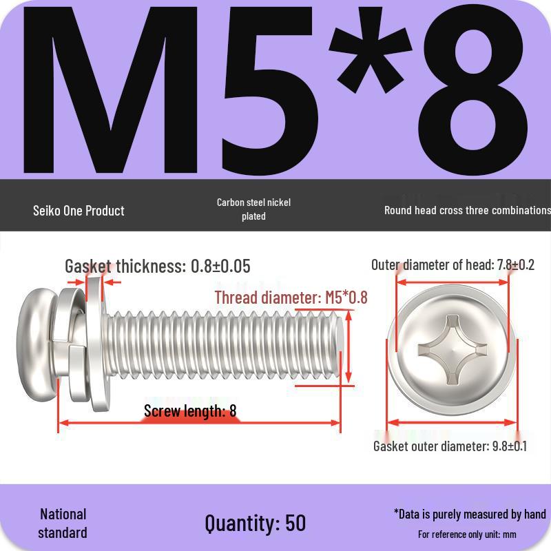 Nickel-Plated Phillips Pan Head Screw with Washer, M2-M6 Thread