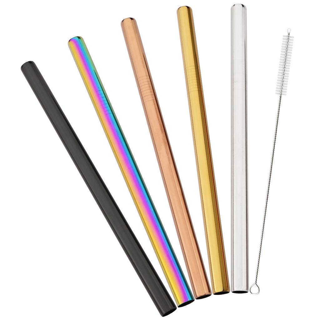 5pcs Wide 12mm Stainless Steel Straight Straw Set Fruit Juice Milkshake Cocktail Bubble Tea Drinking Straw Party Bar Accessories
