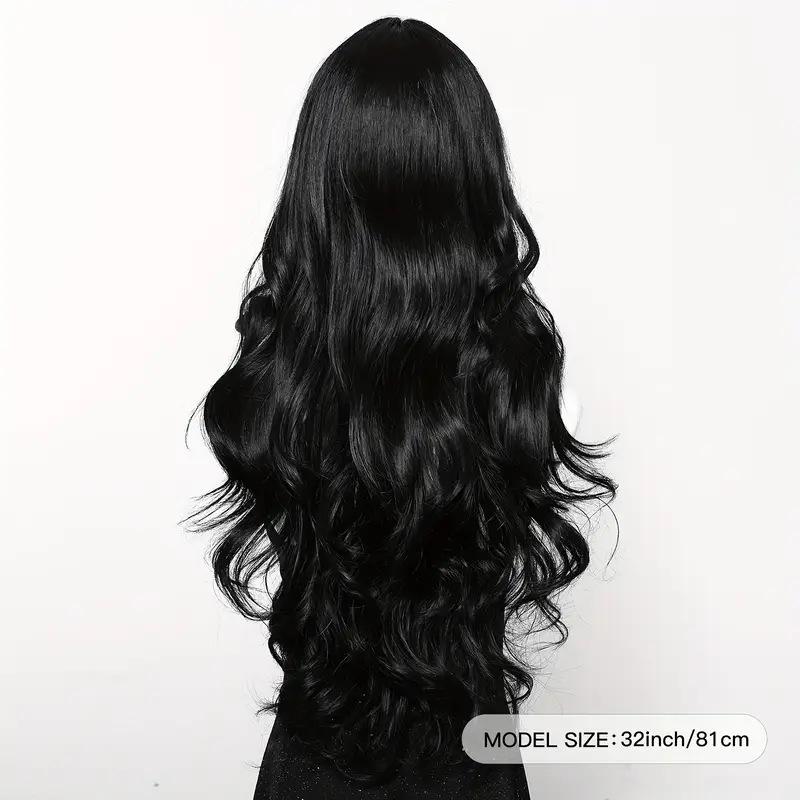 Black Synthetic Wig with Middle-parted Long Hair and Big Waves for Party or Daily Use. High-temperature Synthetic Hair Cap.