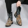 Men’s Western Boots Pointed Toe Leopard Print Casual Retro Dress Zipper Leather Men’s High Boots for Men Plus Size