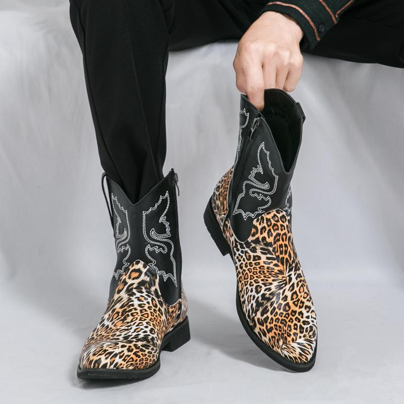 Men’s Western Boots Pointed Toe Leopard Print Casual Retro Dress Zipper Leather Men’s High Boots for Men Plus Size