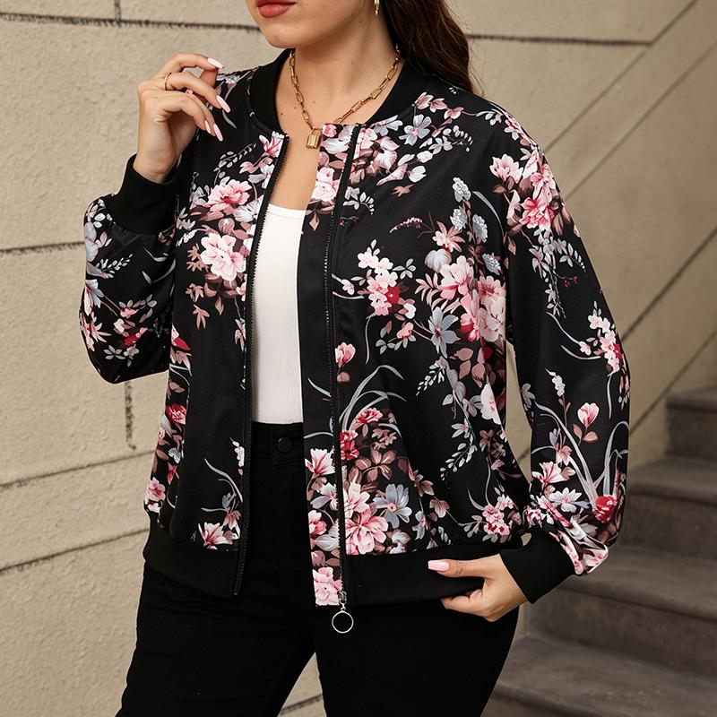 Women Spring Autumn Long Sleeve Floral Bomber Jacket Full Zip Stand Collar Cardigan Coat