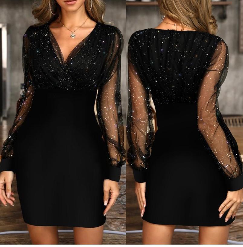 Vestito Sexy Scollo a V Trasparente Manica Lunga Donna Primavera Autunno Festa Mini Abiti Vestidos
