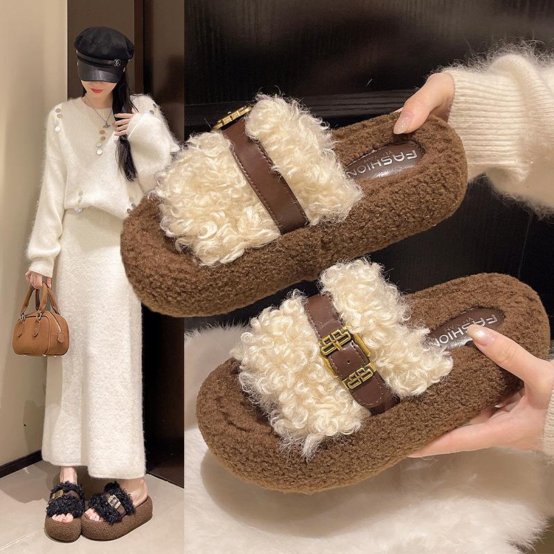 Thick-soled fluffy slippers outer wear 2025 autumn and winter new belt buckle home office plush cotton slippers women