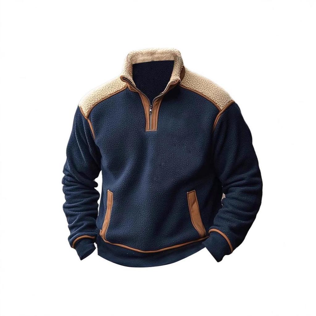 2025 Men's Retro Color Block Stand Collar Lambswool Zipper Sweatshirt - Autumn/Winter Collection