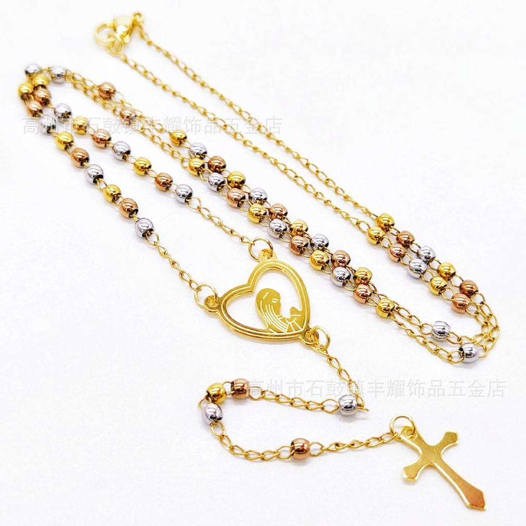 3M Goldene Rose Stahl Halskette: Elegantes dreifarbiges Design mit runden Perlen