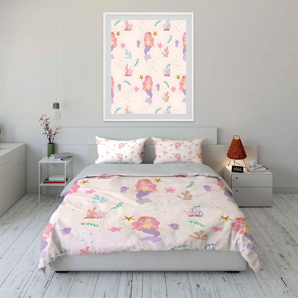Decorazione Camera Bambini Tema Sirenetta Morbido Set Biancheria da Letto Amico della Pelle Include 1 Copripiumino e 2 Federe Regalo