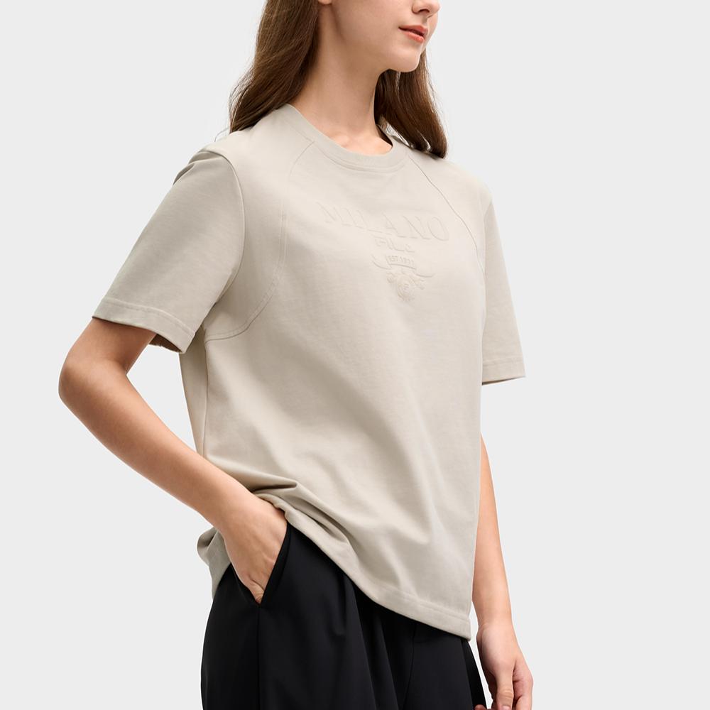 Fila Milano Series Casual Knit Short Sleeve Round Neck T-Shirt Women Tops Light-Khaki F11W515103FLK