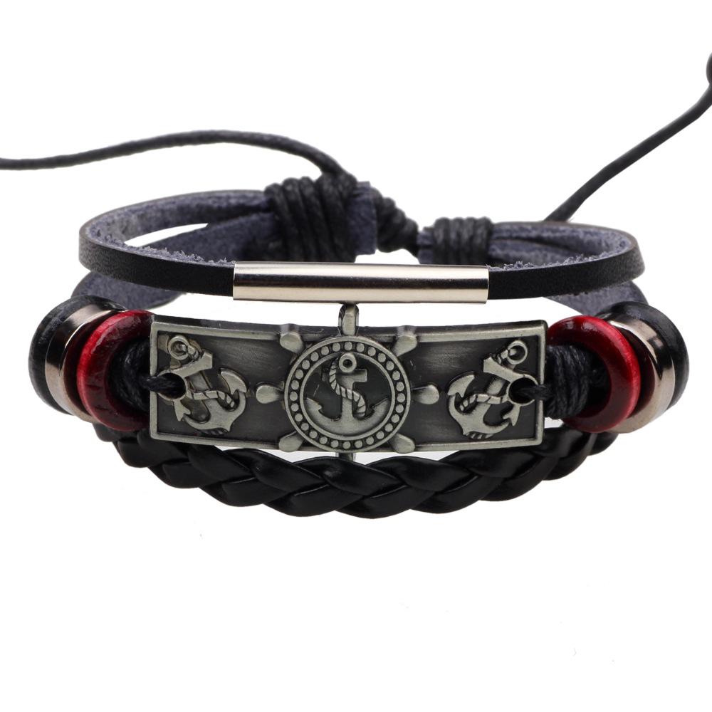 JMXD Vintage Genuine Leather Braided Bracelet Anchor Ship Wheel Charm Retro Men Fashion Accessory Statement Wristband