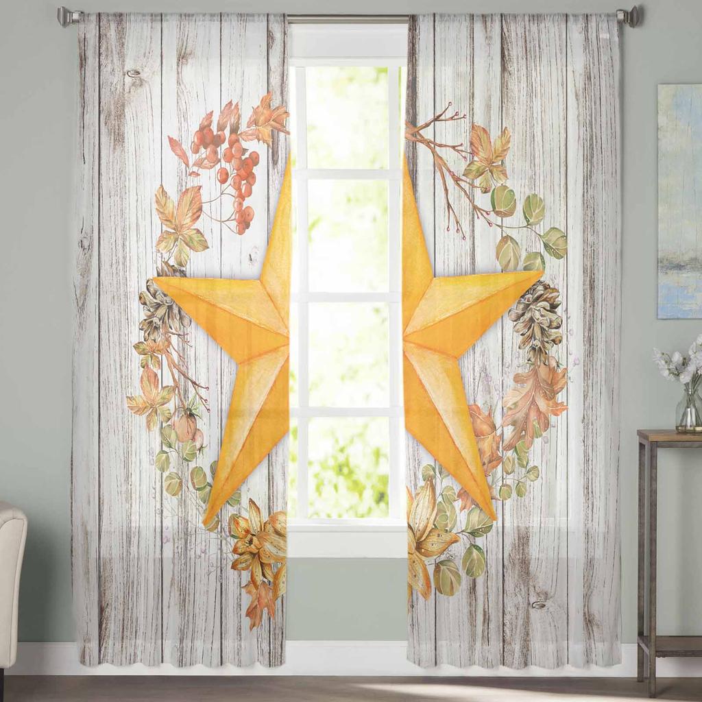 Herbstliche Holzmaserung Orange Fünfzackiger Stern Ahornblatt Transparente Vorhänge für Kinder Wohnzimmer Voile Fenstervorhänge Tüllvorhänge