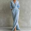 New Elegant Solid Color V-Neck Long Sleeve Ruched Waist Pocket Dress