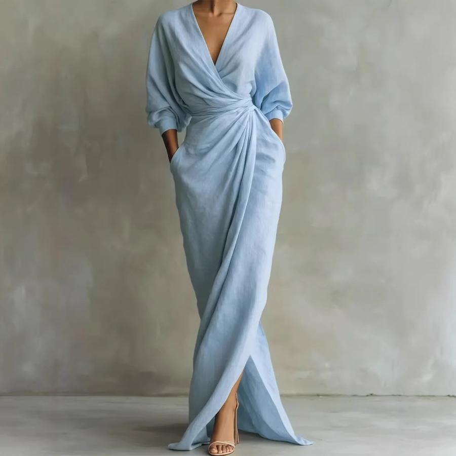New Elegant Solid Color V-Neck Long Sleeve Ruched Waist Pocket Dress