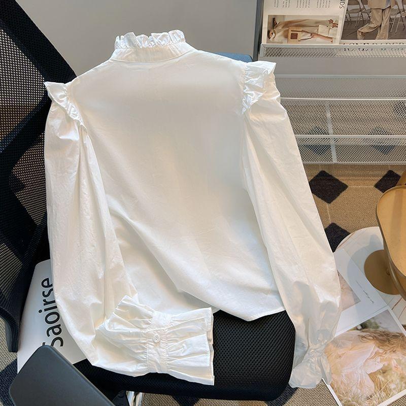 French Fungus Edge Shirt for Women Vintage Short Style Stand Up Collar White Shirt