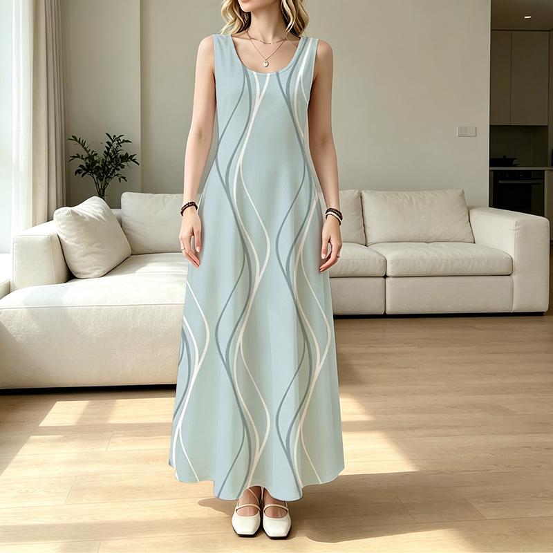 Sleeveless Maxi Dress Beach Vacation Wear,Minimalist Line Design,Lightweight Flowy Fabric,Elegant & Comfortable for Daily Casual Beach Outings