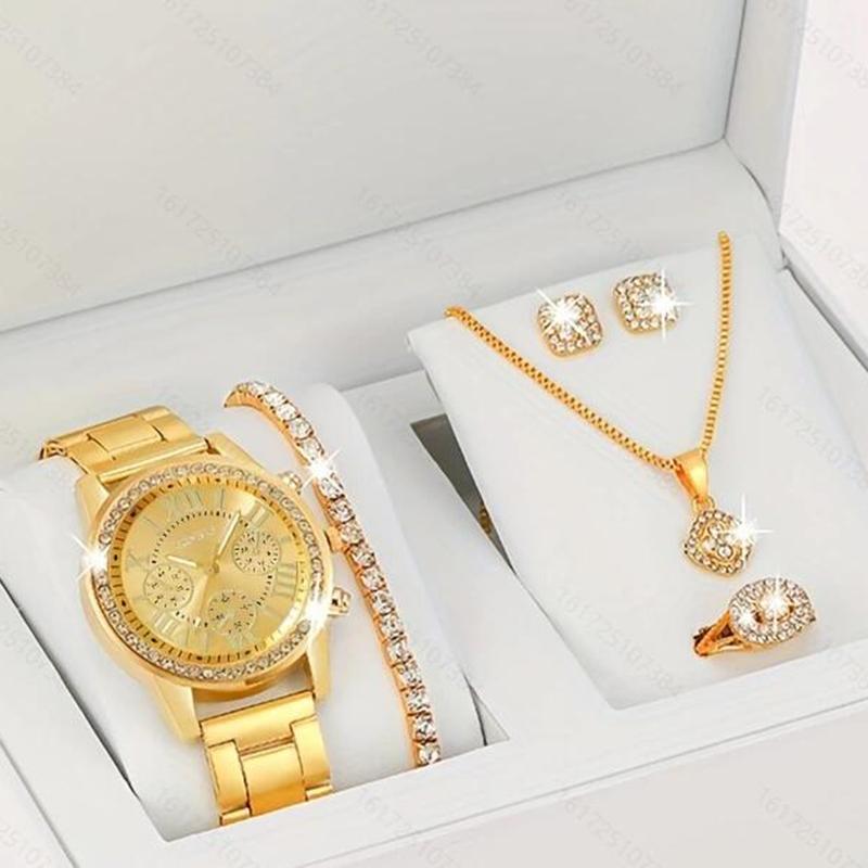 Fashion Faux Three-eye Watch with Inlaid Diamond Steel Strap for Women; Quartz Jewelry Watch Set Without Gift Box, Suitable for