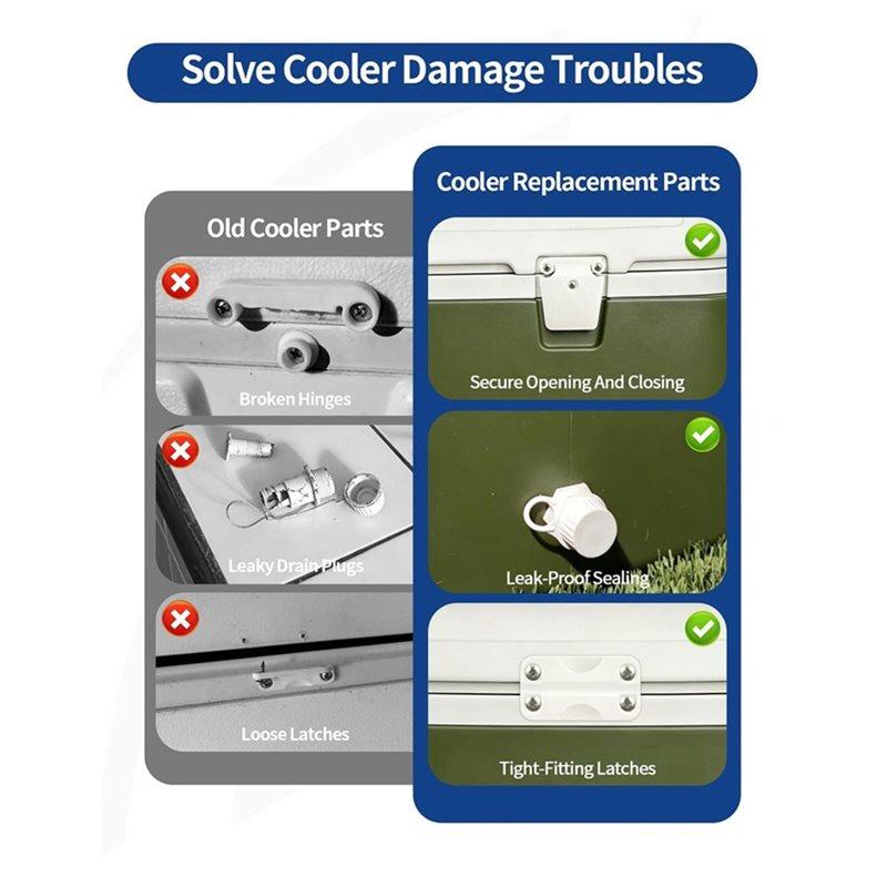 A25F-Ice Chest Replacement Parts Kit For Igloo-Cooler Components Including Plastic Hinges, Latch Posts, Drain Plug