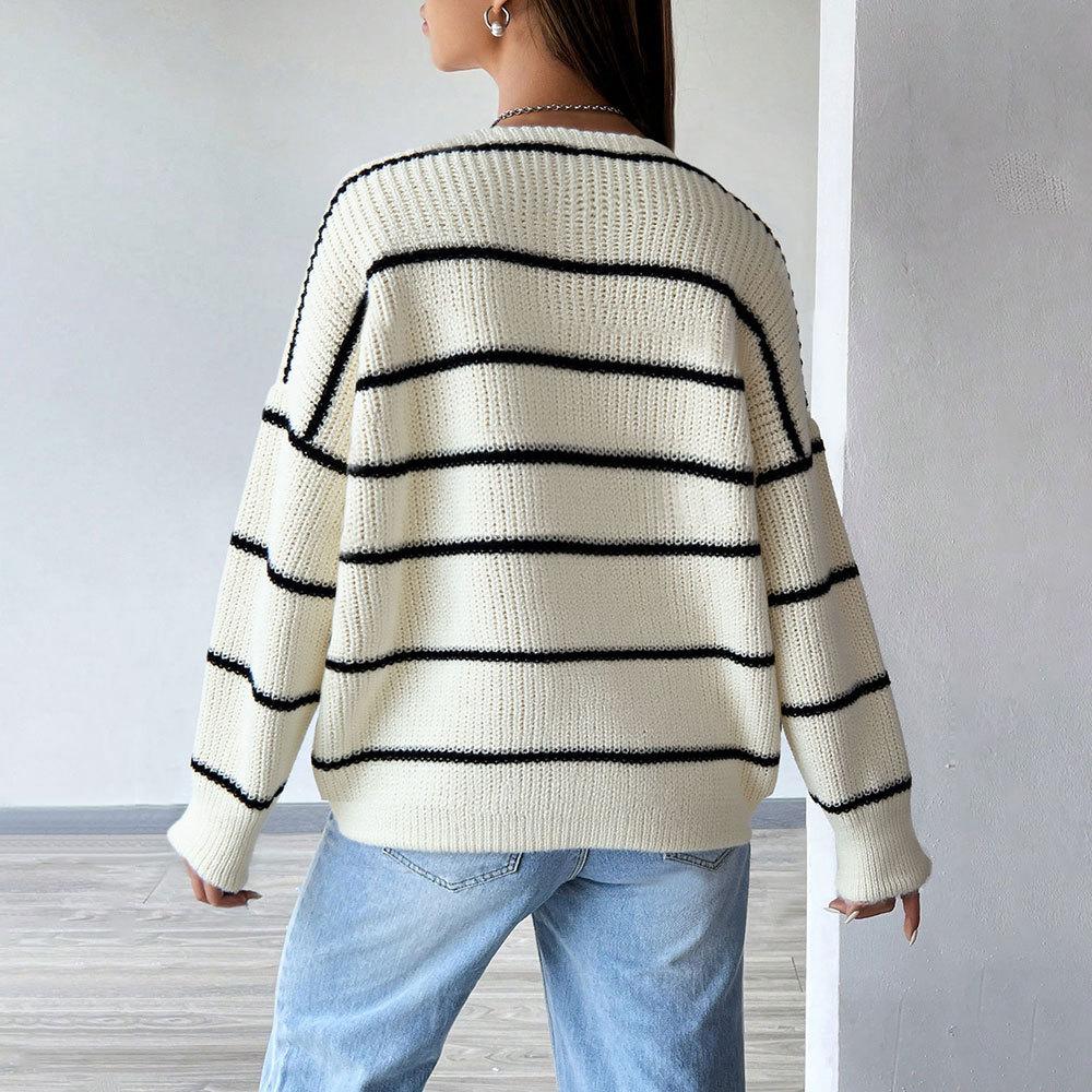 DAFIFY  Women's Fashion Casual Fall Winter Stripe Print Long Sleeve Sweaters