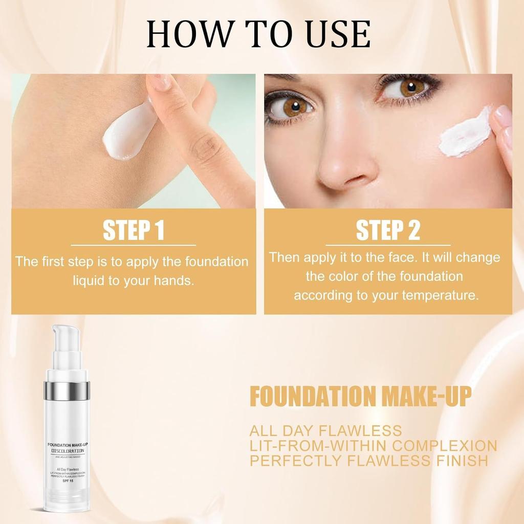 Flawless Colour Changing Foundation 30ML – Moisturizing & Long-Lasting Liquid Foundation with SPF 15, FNatural Skin Tone Makeup for Face