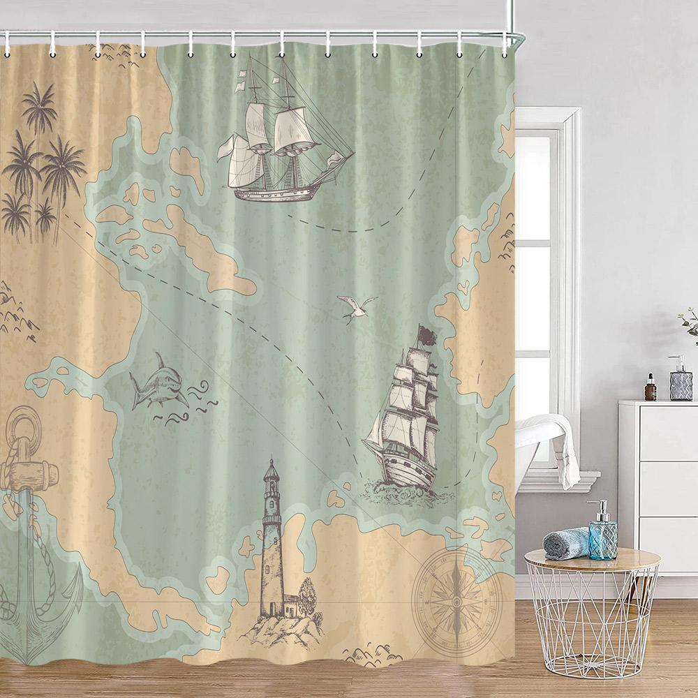 Nautical Cartoon Shower Curtain Lighthouse Sailboat Compass Adventure Treasure Map Bathroom Decor Kids Polyester Bath Curtain