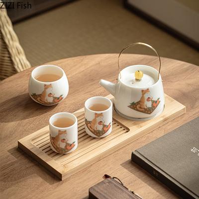 Cute Orange Cat Tea Set Office Kung Fu Tea Set Home Creative Ceramic Teapot and Teacup Tea Can Set Business Festival Gift