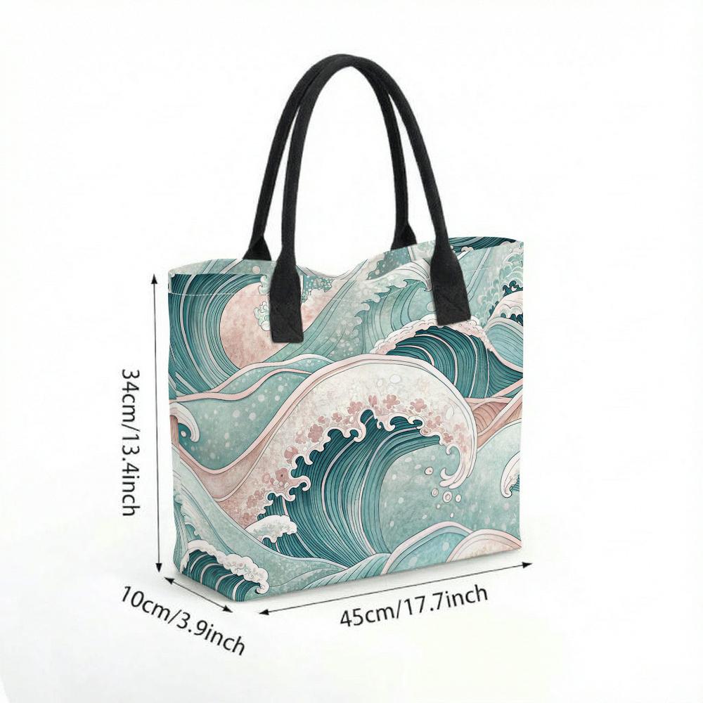 Japanese Wave Pattern Tote Bag Large Capacity Canvas Handbag Stylish Daily Use Shoulder Bag for Women