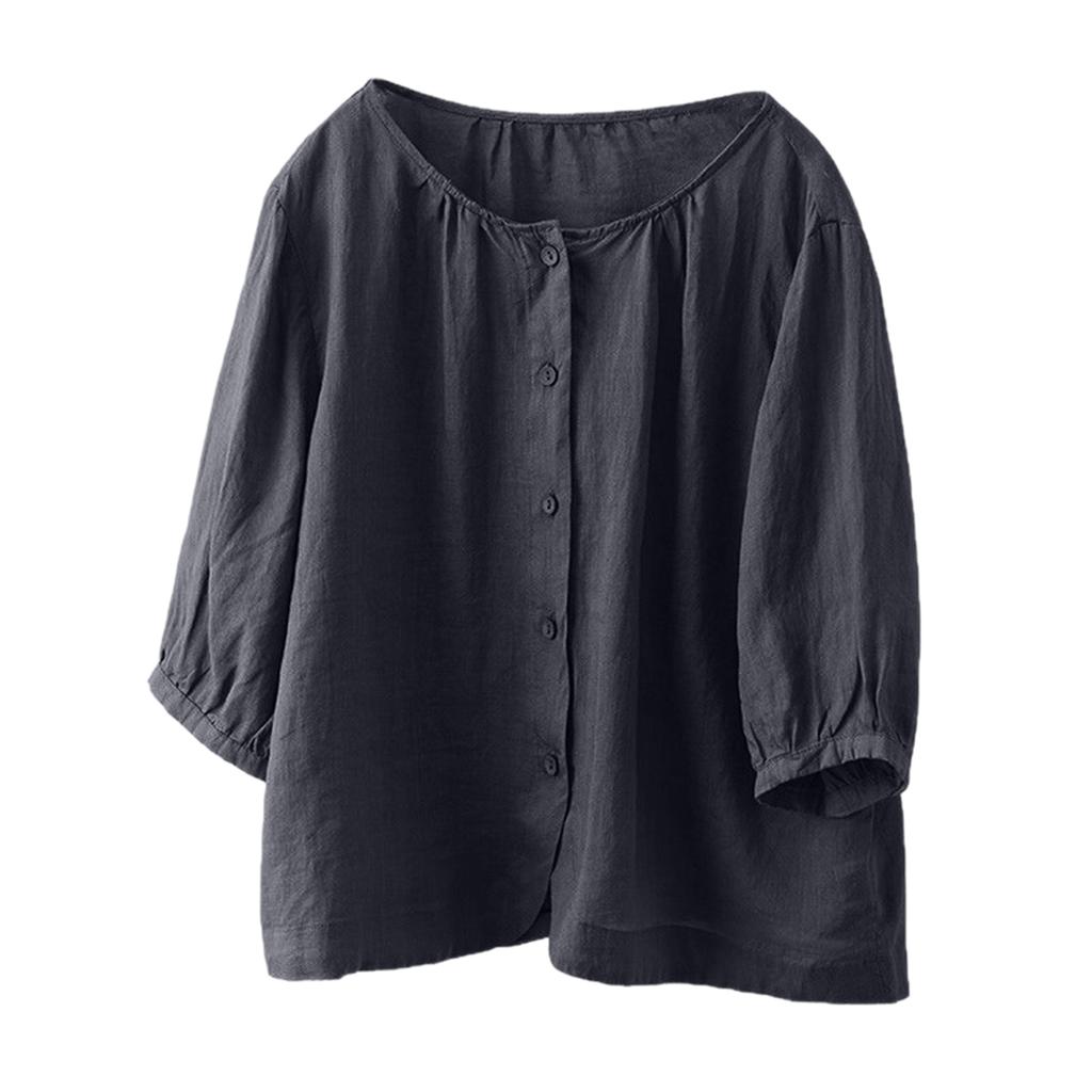 Damen Retro 3/4 Ärmel Vielseitige einreihige Leinen-Baumwoll-Bluse Lässiges lockeres Oberteil