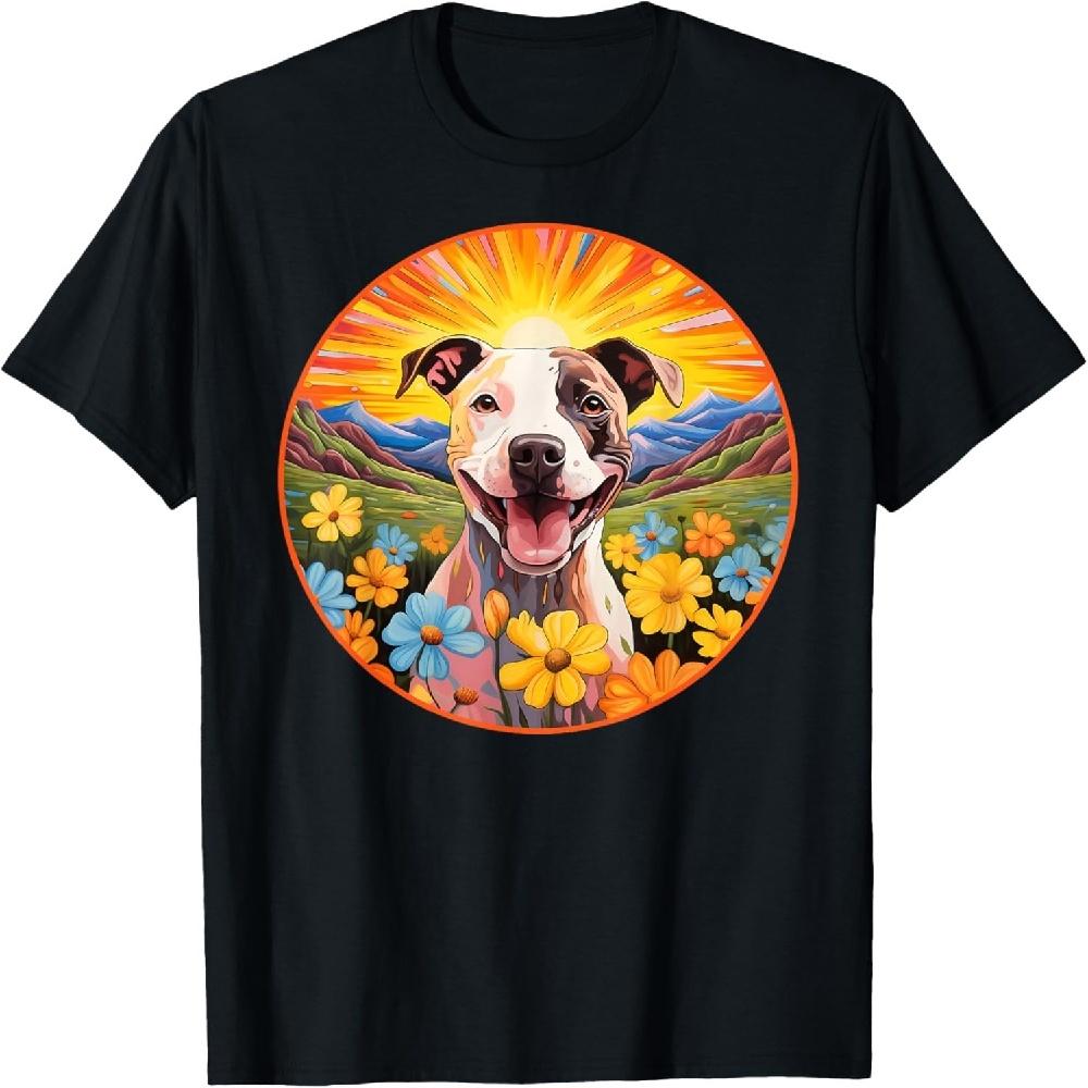 Cute Pitbull Colorful Flower Mountain Sunset Puppy Dog T-Shirt XXXXXL чёрный
