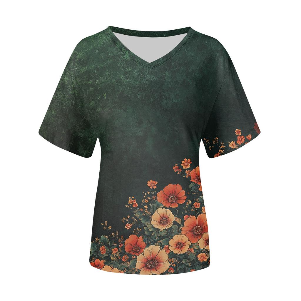 Women's Fashion Casual Short-Sleeved Floral Print T-Shirt Shirt Temperament Shirt V-neck Top