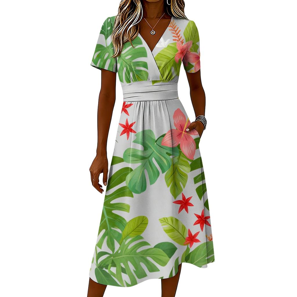 Women's Hawaiian Print V-Neck Short Sleeve Casual Sundress for Summer Vacation