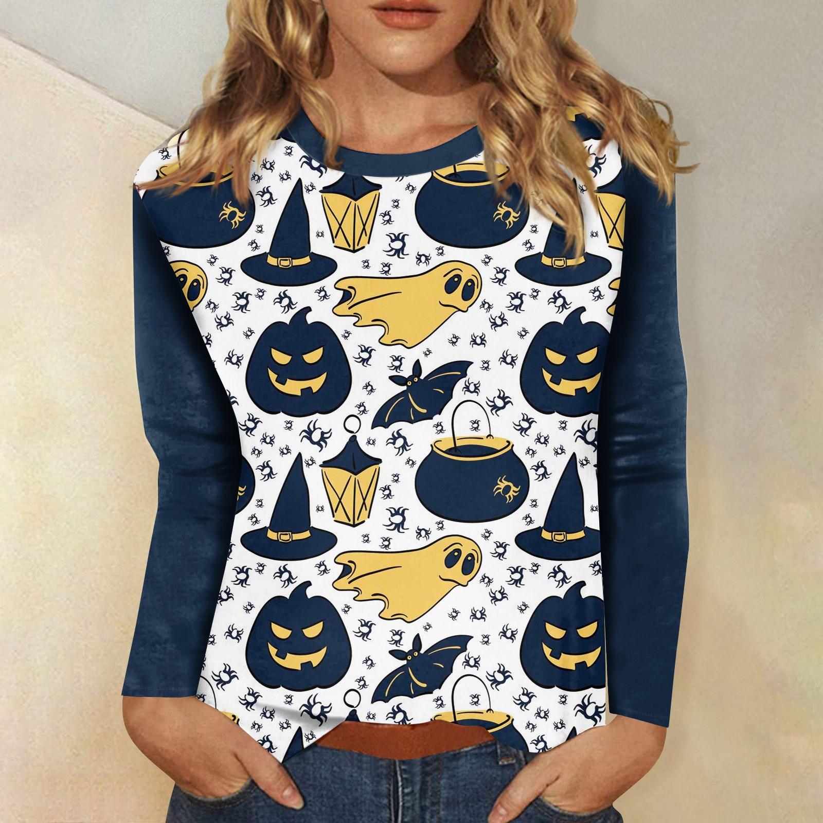 

Женский Хэллоуин с принтом, круглым вырезом и длинными рукавами, свободный крой, повседневный топ с длинными рукавами и длинными рукавами M белый