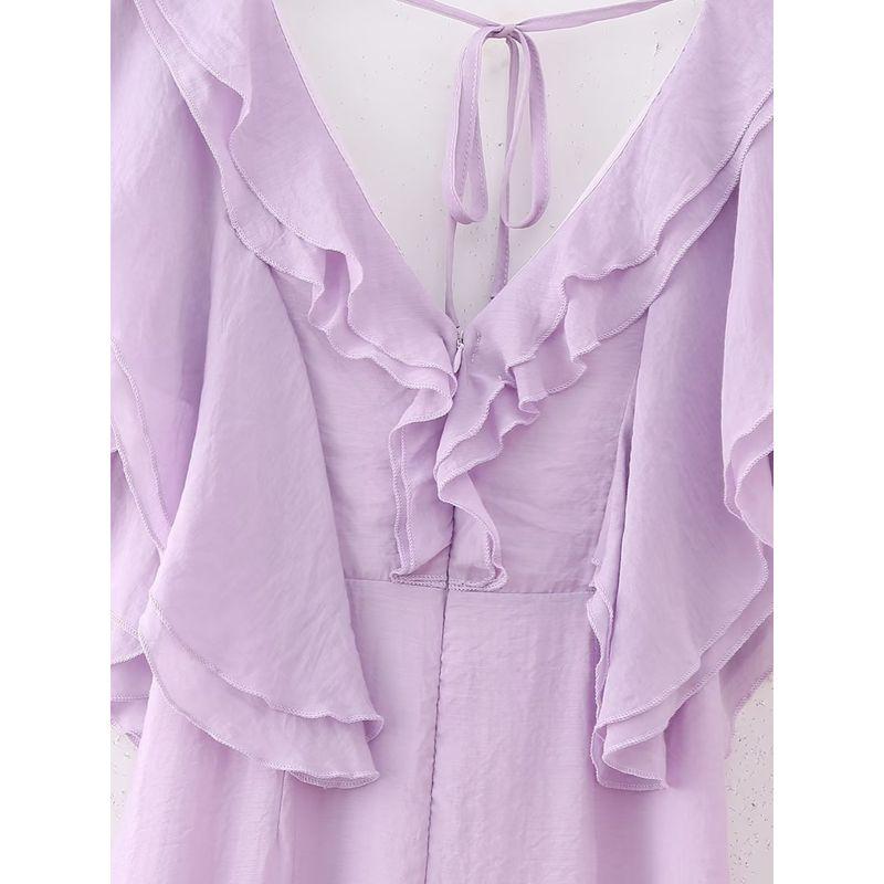 Kaslead New Arrival Women's Clothing Fashion Style Fashion Laminated Ruffles V Neck Long Dress