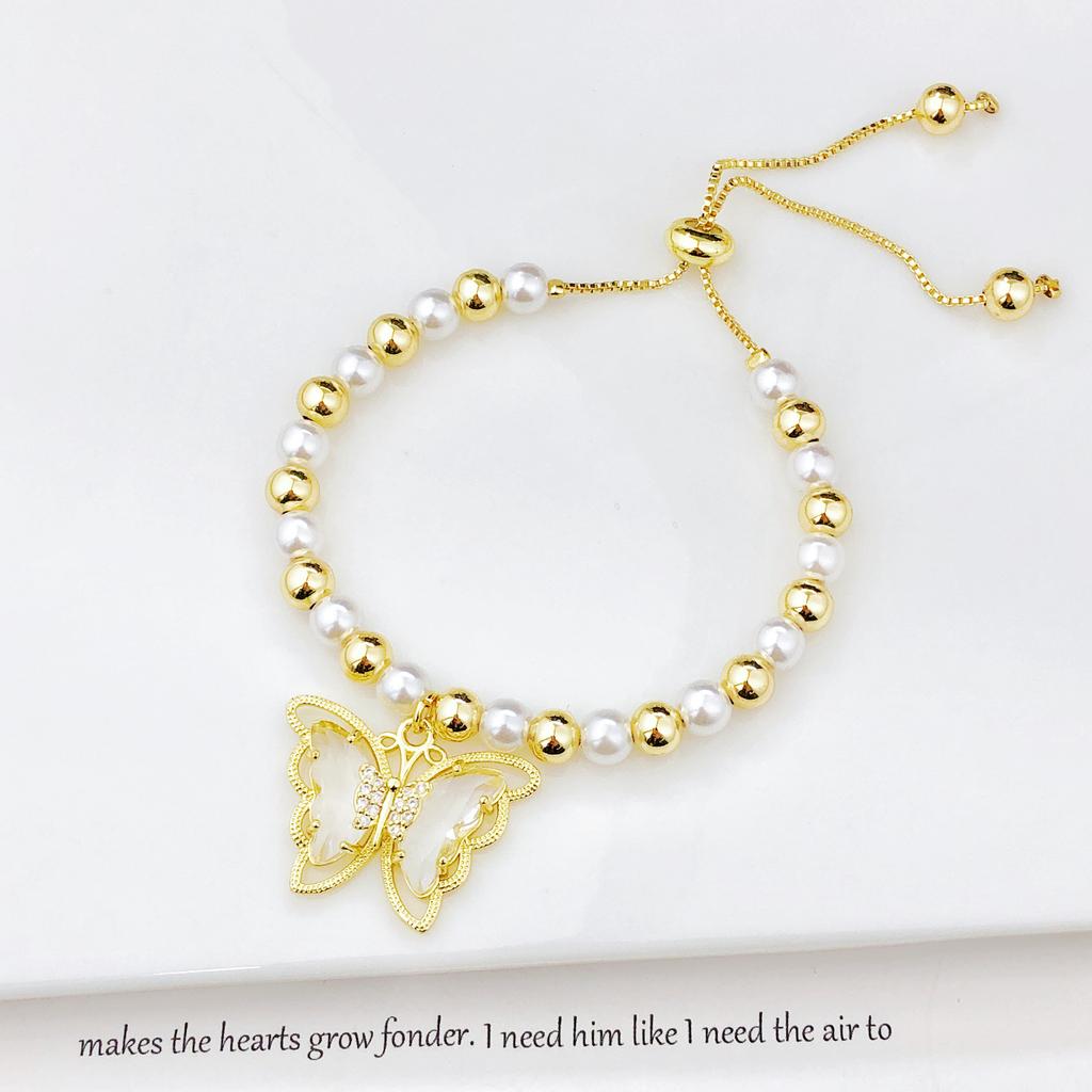 Luxury Butterfly Crystal Zircon Copper Bead Pearl Chain Bracelet Charming for Women Girls Daily Party Wrist Jewelry Wholesale