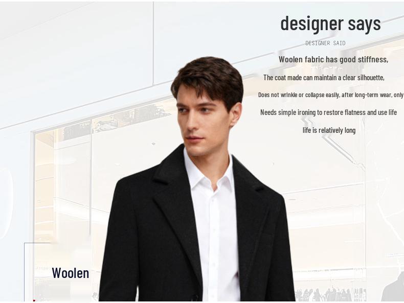 Men's Long Wool Coat with Suit Collar and Thick Cotton Lining