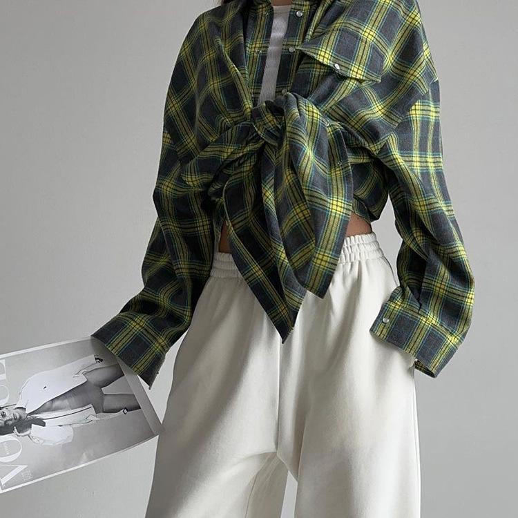 Retro Plaid Loose Lapel Long Sleeve Shirt for Women - Spring & Autumn