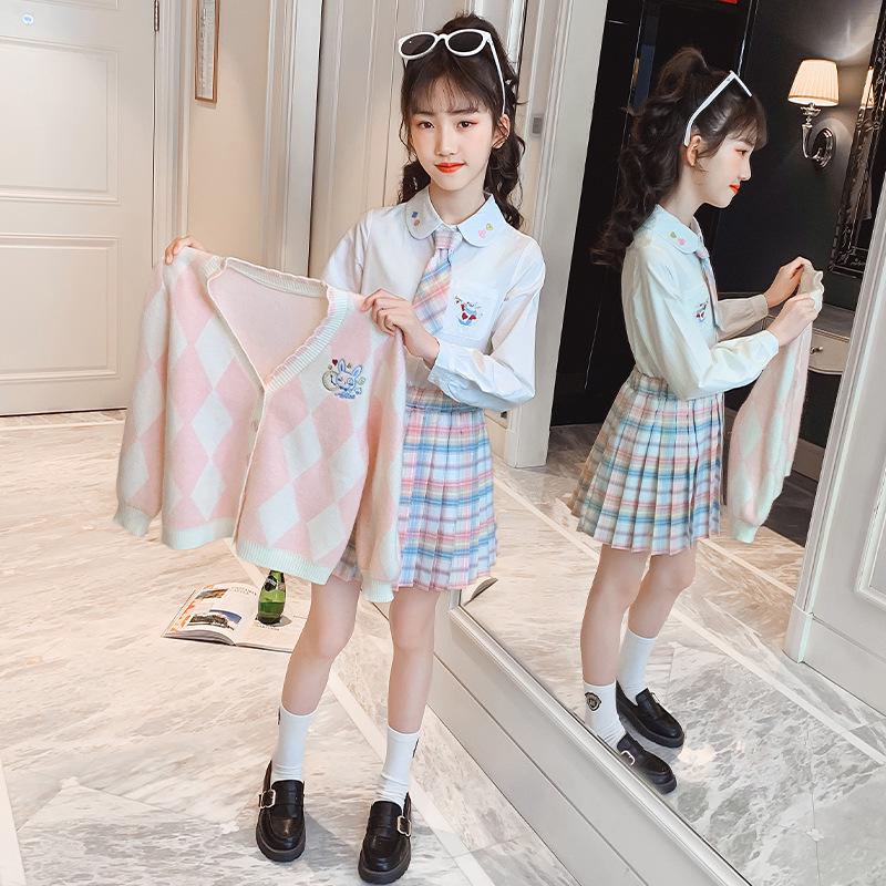 Spring 2023 Girls' JK Plaid Skirt 3-Piece Set: Sweater & College Style Suit