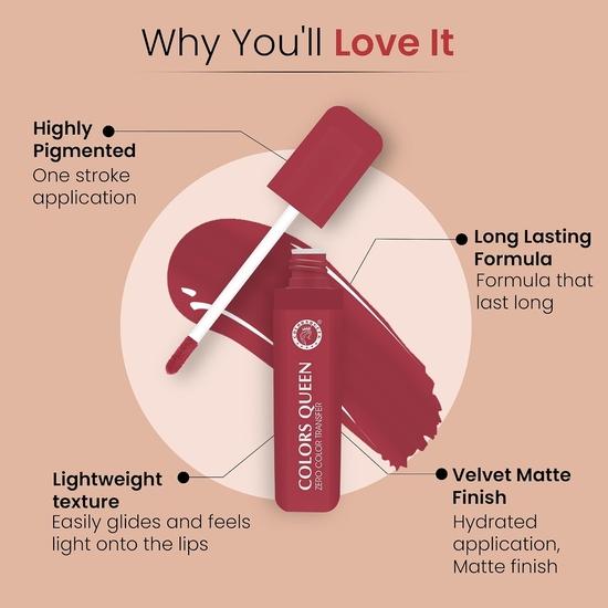 Colors Queen Zero Color Transfer Liquid Lipstick | Long Lasting Liquid Lipstick Waterproof |Lightweight Matte Lipstick for Women (Very Me, 8g)
