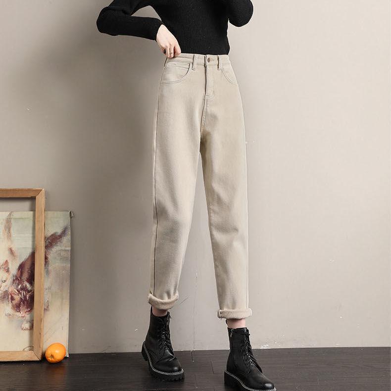 Khaki Harem Jeans mit hohem Bund - Damen 2025 Schlankmachende Karottenhose mit Samtfutter für Herbst/Winter