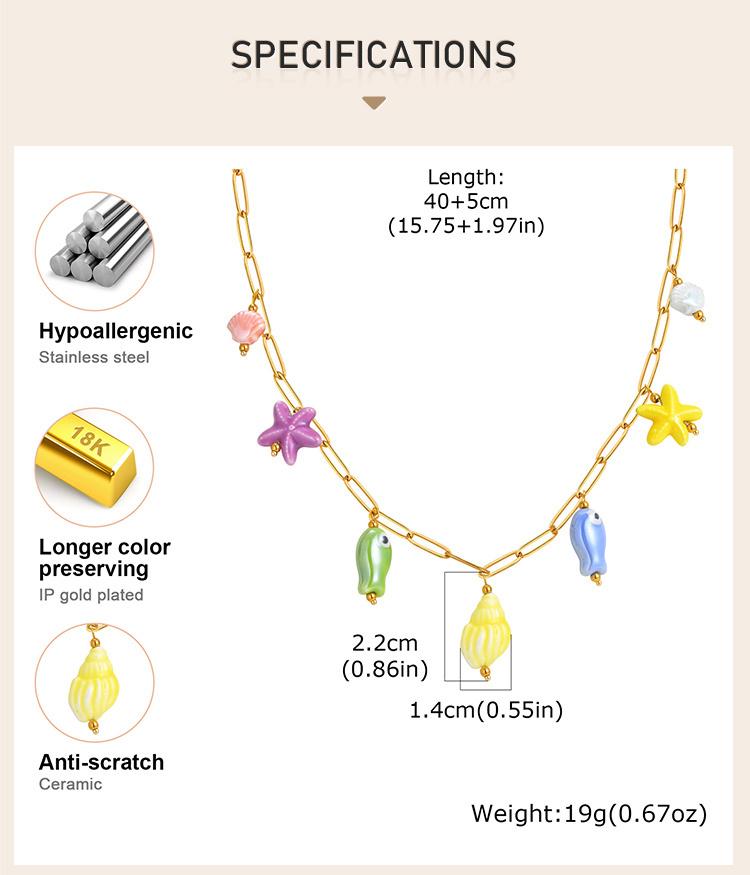 Ceramic Starfish Fish Conch Dolphin Drop Y2K Necklace, Women's Stainless Steel Chain Adjustable, Notarnish Resistant Jewelry